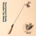 Extra long wooden cat wand toy featuring lightweight polka dot feathers and bells - Spring Wood Handle Teaser / Spring Wood Wand With Polka Dot Feather Head