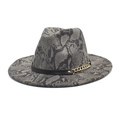 Detail of snake skin print wide brim felt hat with black leather band and gold chain - M (56-58cm) / Dark Gray