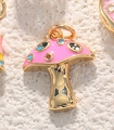 Pink enamel mushroom pendant in gold finish with colorful inlaid stones for DIY jewelry - Pink Mushroom