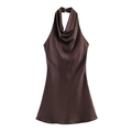 Backless satin halter mini dress in deep brown with a high-gloss silk texture finish - Dark Brown