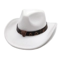 Detail of white western cowboy hat with leopard print band and bronze leopard head buckle - M (56-58cm) / White