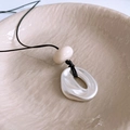 Minimalist silver oval pendant necklace with white ceramic bead on black cord strap - 8# Necklace-Black-Silver (Oval Pendant)