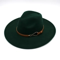 Detail of dark green wide brim fedora hat with brown leather band and gold buckle - Dark Green (Heart Buckle)