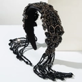 Cerchietto barocco nero con perline di cristallo ricami in pizzo e nappe pendenti - Nero
