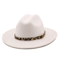 Detail of white felt fedora hat featuring leopard print band and golden metal buckle accent - M(56-58cm) / White