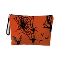 Halloween makeup bag in orange with spider web and bat patterns for festive storage - Spiderweb Withered Tree - With Strap (xy-046-3)