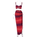 Detail of red-purple gradient two-piece set featuring braided straps and side slit skirt - S / Burgundy
