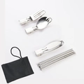Portable 5-piece folding stainless steel cutlery set with storage bag for camping - Set Folding Knife Fork Spork Chopsticks with Black Bag