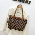 Brown checkerboard tote bag with matching pouch and S-pattern print on shoulder strap - Dark Brown