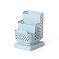 Light blue faux rattan desk organizer with three tiered plastic storage compartments - Blue