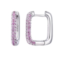 Detailed macro view of S925 sterling silver square earrings with pink zircon pavé setting - Rectangle Hoop (JQH0070) / Silver-Pink