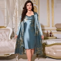 Peacock blue satin floral camisole nightgown and matching long sleeve robe set - 3XL / Green Cherry