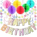 Rainbow Happy Birthday banner set with honeycomb balls and swirls on white background - Banner Honeycomb Star Hanging Set / Macaron Color