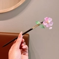 Sandalwood hair stick with pink flower and green leaf details for elegant updos - 22# Bamboo Shadow Moon
