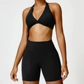 Two-piece black yoga set with twist front halter bra and high-waist biker shorts - S / Top And Bottom / Premium Black