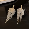 Long gold fringe tassel earrings with crystal feathers for elegant party evening wear - Gold Feather Leaf Tassel (377)