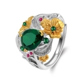 Floral S925 sterling silver ring with green zircon main stone and gold leaf accents - Fixed Lzr21