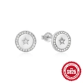 S925 sterling silver geometric round stud earrings with star-shaped zircon inlays - Round Star / Platinum