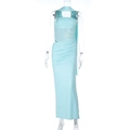 Detail of light blue sequined evening dress featuring waist cutouts and mesh texture - S / Blue