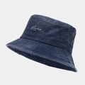 Detail of navy washed canvas bucket hat showing Mama embroidery and copper eyelets - Mama Lettering Navy Blue