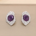 Detailed close-up of 18K gold plated irregular earrings with purple cat-eye stones - Steel Purple Style (KE116411-KFC)