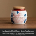 Mini ceramic tea tin featuring hand-painted pink peony carving and a wooden airtight lid - Hand Painted Relief Peony - Jar