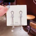 Silver tassel earrings with sparkling cubic zirconia and white pearls on S925 studs - Silver Full Rhinestone Tassel Pearl Earrings (E0175)