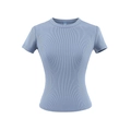 T-shirt ajusté bleu à col rond et manches courtes en maille côtelée pour femme en été - Bleu Brume