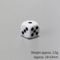 Detailed view of a white resin dice with black dots measuring 14x14mm and weighing 2.5g - White