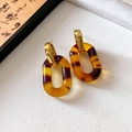 Detalle de pendientes geométricos con metal dorado y aros de resina de color ámbar - Oro Café Óvalo (7# Aguja de Plata)
