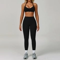 Black halter yoga set with high waist leggings and compression sports bra - S / Bra Style 2 + Leggings / Premium Black