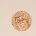 Kids handmade straw crossbody bag with purple gingham flower and woven strap - Beige