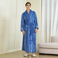 Classic dark blue long flannel bathrobe for men featuring white trim and matching belt - Sea Blue (Men)