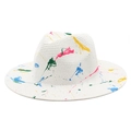 White Panama straw hat with colorful graffiti paint splatter design for summer fashion - M(56-58cm) / Pure White