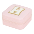 Pink travel jewelry box with H initial letter patch and gold zipper closure - Letter H (No Mirror) (FS61) / 10x10x5cm