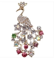 Elegant peacock flower brooch in gold with colorful rhinestones and crystal accents - Xd825316-1