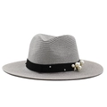 Elegant grey straw fedora hat for women with black ribbon, white pearls and silver studs - M (56-58cm) / Gray