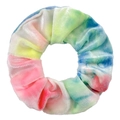 Tie-dye velvet scrunchie in gradient pink yellow and blue hues on white background - Green Yellow Pink