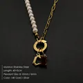 Titanium steel imitation pearl necklace with letter C and red gem pendant in 14K gold - Gothic Letter C / Gold