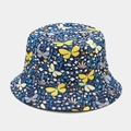 Navy blue reversible bucket hat with yellow butterflies and white floral print - M (56-58cm) / Butterfly Flower