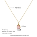 Detailed view of 18k gold plated necklace with pink teardrop pendant and sizing info - Pink