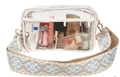 Clear PVC crossbody bag with wide geometric woven strap and white leather trim finish - White Border Blue White Woven Strap / White