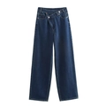 Close-up of high-waisted wide-leg jeans featuring an asymmetrical double-button waist - XS / Dark Blue