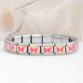 Italian charm bracelet with silver links and golden-framed pink butterfly designs - 0195-phnom Penh Red Butterfly (1 Section)