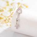 Silver navel piercing featuring a pink gemstone shield and a cross pendant on a white stand - A469-1# Left Pink Zircon + Cross (Single Piece)