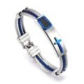 Men's two-tone silver and blue steel cable bracelet with a blue cross stainless steel plate - Blue & Silver