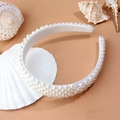 Baroque pearl headband with white faux pearls and ocean-themed seashell background - 85027 Beige Base