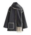 Dark gray wool coat with scarf, fringe details and white triangular decorative stitching - XS / Dark Gray