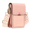 Pink mini crossbody phone bag in textured faux leather with striped wide strap - Pink (Black Edge)