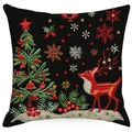 Detail of linen Christmas pillowcase showing red reindeer and tree embroidery texture - 45*45cm (Insert Not Included) / Black Christmas Reindeer